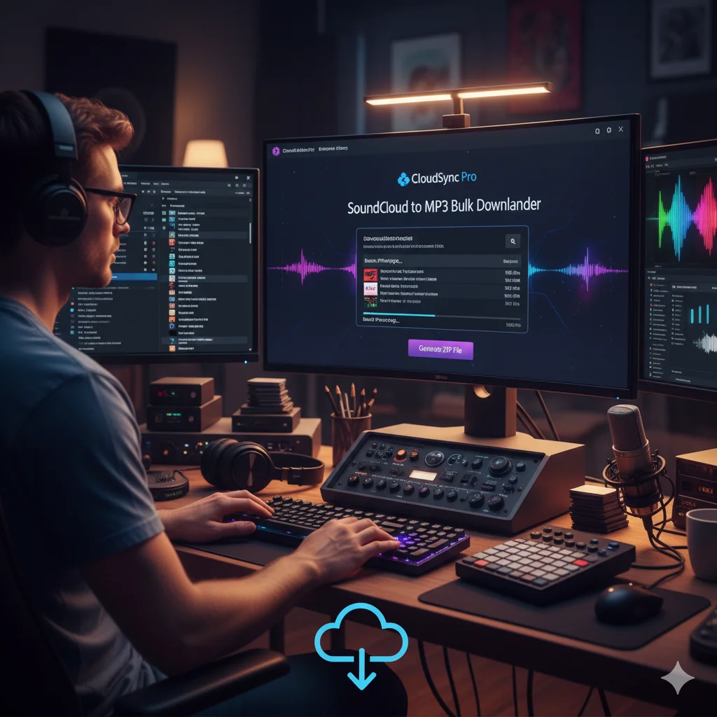 Infographic showing the process of a SoundCloud to MP3 bulk downloader converting a full playlist"