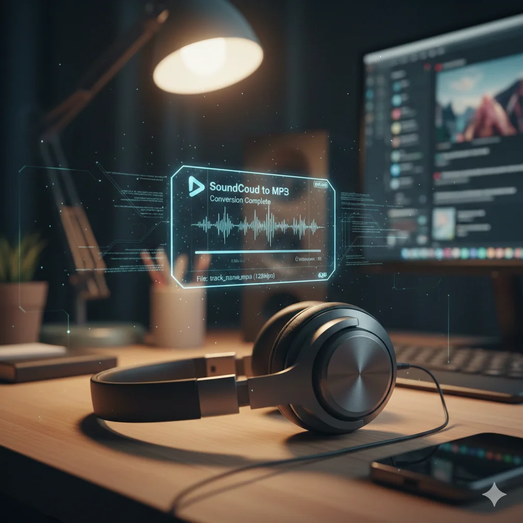 A high-quality audio wave representing the bitrate conversion from SoundCloud to MP3 format.