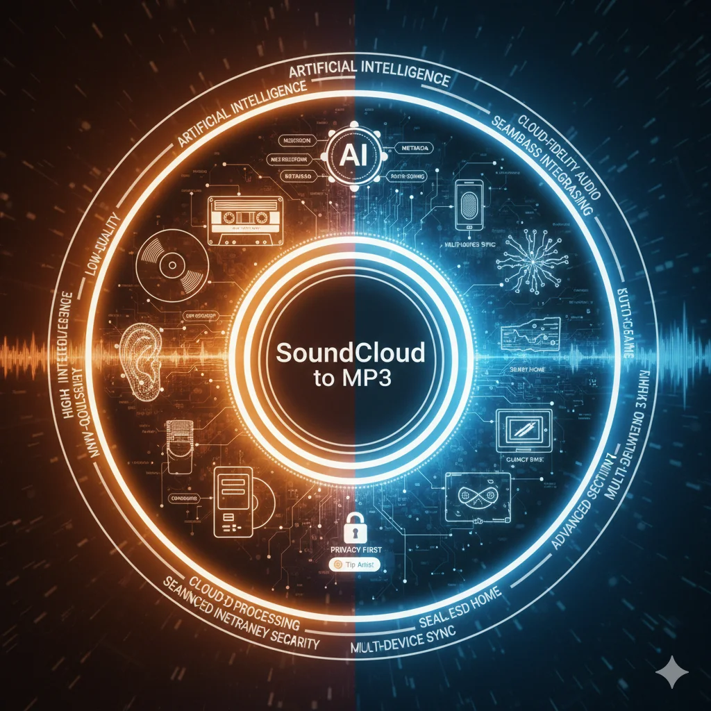 A futuristic digital interface showing advanced SoundCloud to MP3 audio processing features.