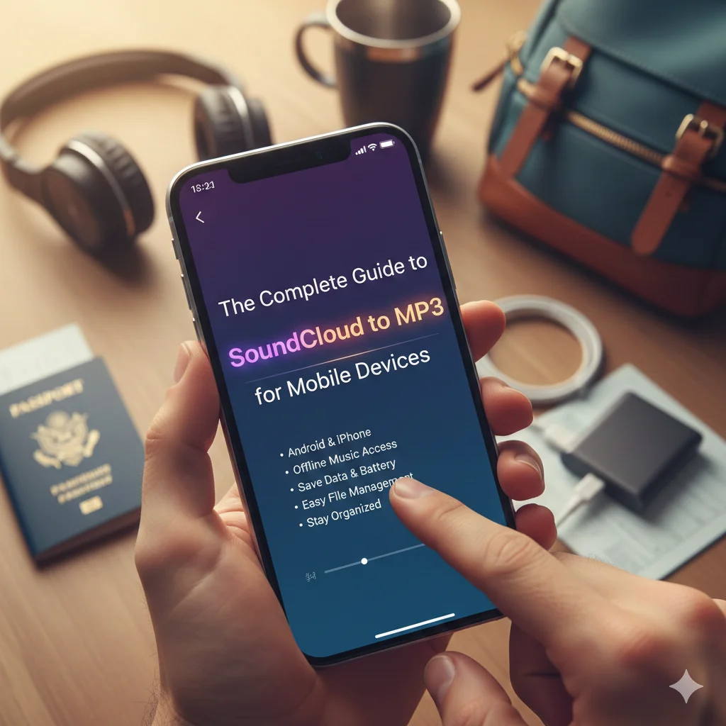A person using a smartphone to manage their SoundCloud to MP3 for mobile devices library.