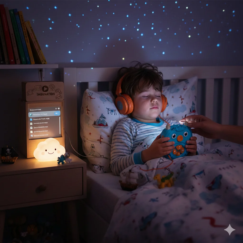 A young child sitting comfortably with headphones, listening to an audio story from a SoundCloud to MP3 for kids' stories collection.