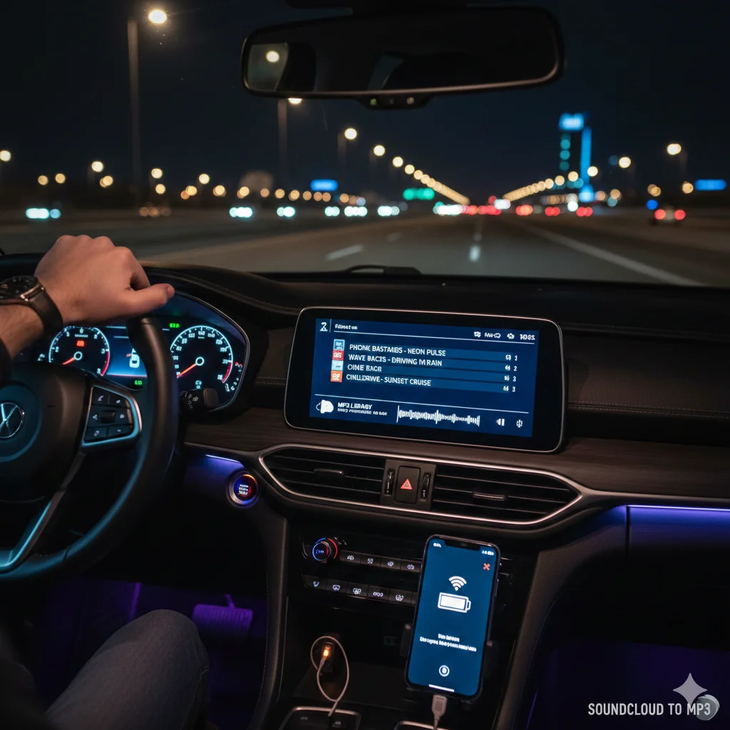 A person plugging a USB drive containing SoundCloud to MP3 for car audio systems into a car's dashboard