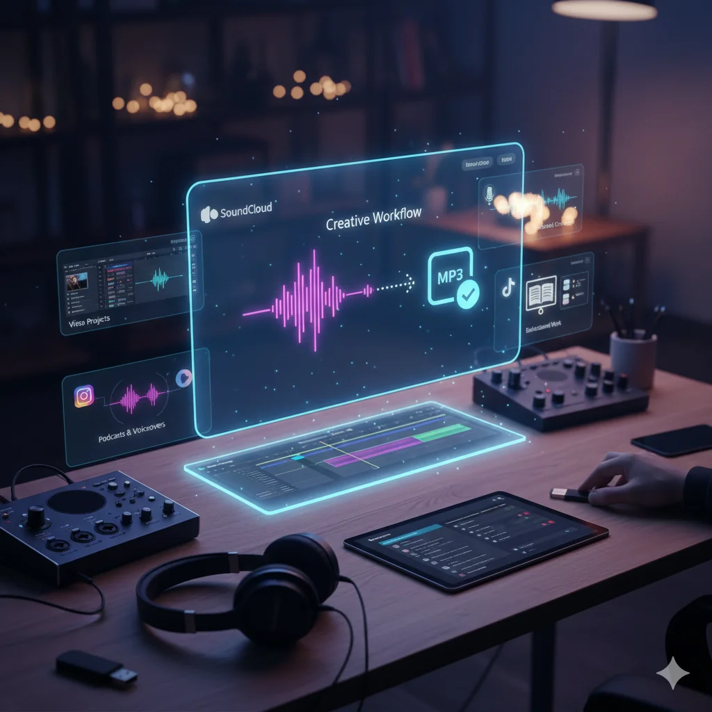 A video editor using SoundCloud to MP3 for creative projects to sync background music with video clips on a laptop.