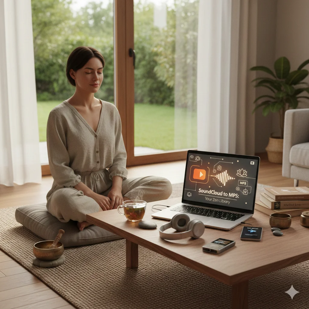 A woman sitting in a lotus position with headphones, using SoundCloud to MP3 for meditation and zen tracks for a peaceful session.