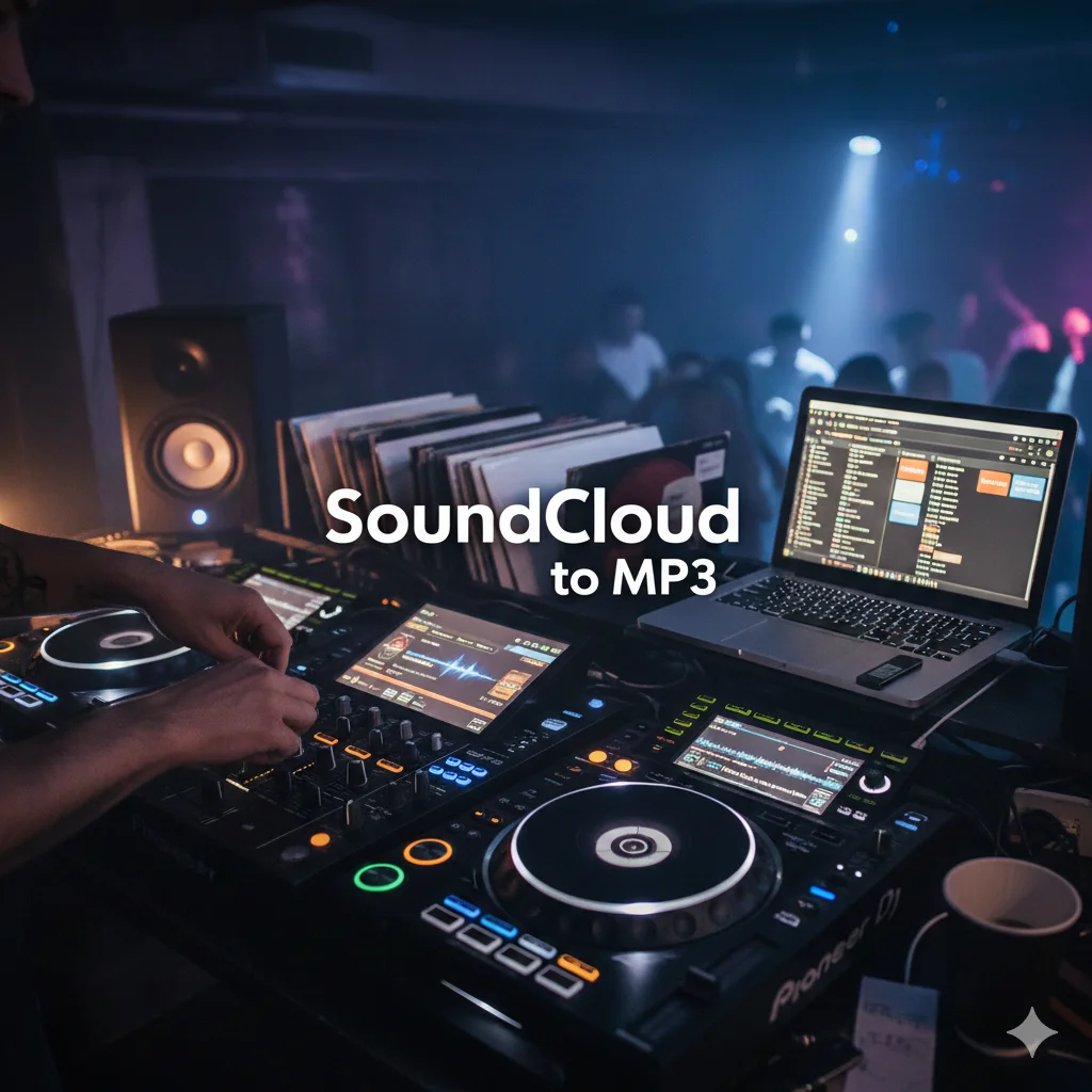 A DJ using a laptop and controller, playing tracks from a SoundCloud to MP3 for professional DJs library.