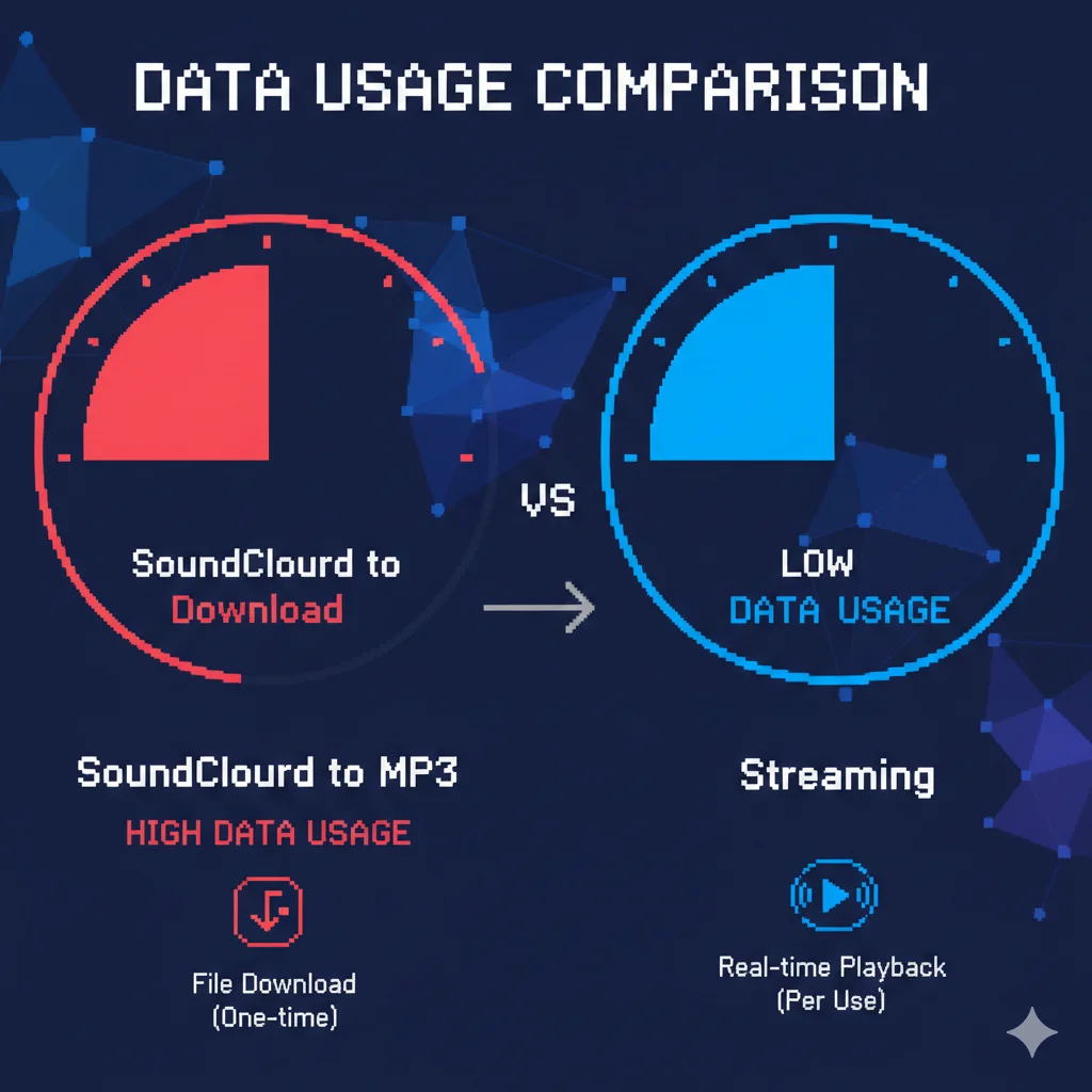 A graph showing the difference in data consumption between SoundCloud to MP3 and live streaming.