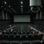 A black dome security camera mounted on a cinema ceiling to show how do movie theaters have cameras that monitor the seating area in the dark.