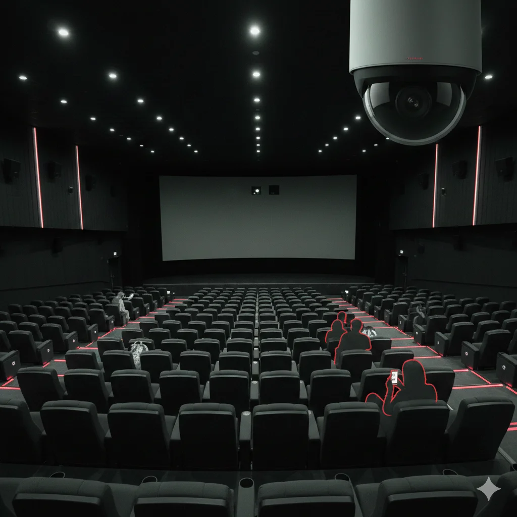 A black dome security camera mounted on a cinema ceiling to show how do movie theaters have cameras that monitor the seating area in the dark.
