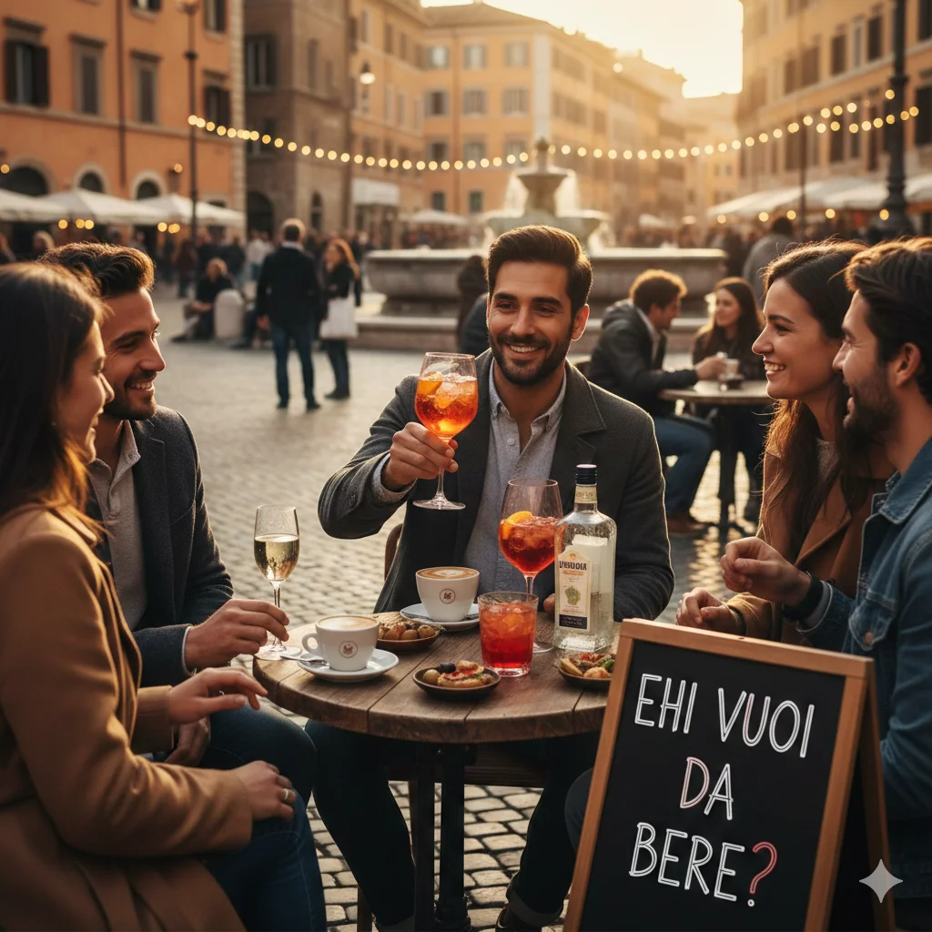 Traditional Italian beverages including espresso, wine, and aperitivo drinks served at a café in Italy.